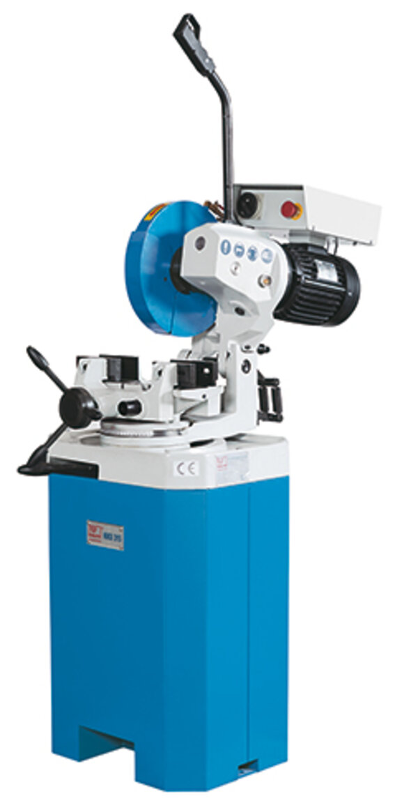 KKS T - Robust manual cold circular saw for workshop use with precise mitre adjustment and space-saving base frame